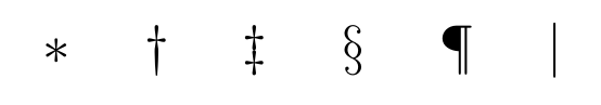 Seis símbolos del sistema anglosajón para notas al pie